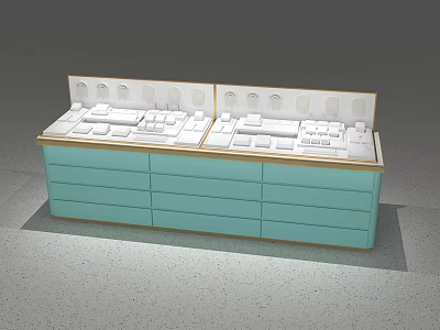 Turquoise Display Cabinet Shelf With Gold Trim White Display Top Drawers And Multiple Compartments 3d model