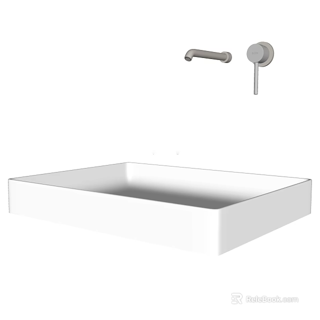 Modern White Rectangular Wash Basin With Wall Mounted Faucet And Knob 3d model 