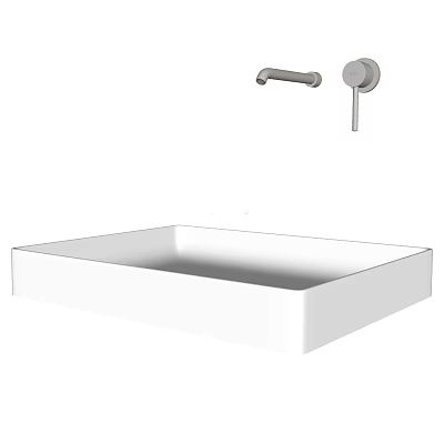 Modern White Rectangular Wash Basin With Wall Mounted Faucet And Knob 3d model