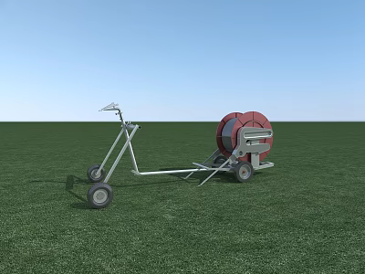 Mobile Agricultural Irrigation Equipment With Red Reel And Wheels On Green Field 3d model