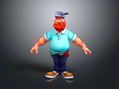 3D Cartoon Character With Red Beard Blue Polo Shirt Red Arm Marks And Cap 3d model