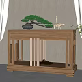 Wooden Console Table With Potted Pine Tree Gold Deer Ornament And Vertical Slat Design