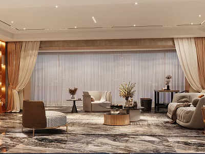 Elegant Modern Living Dining Room Interior With Sofa Chairs Marble Rug Curtains And Decorative Plants 3d model