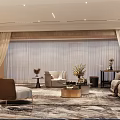 Elegant Modern Living Dining Room Interior With Sofa Chairs Marble Rug Curtains And Decorative Plants