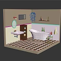 Cozy Bathroom Interior With Bathtub Sink Mirror Plant Shelf And Checkerboard Floor