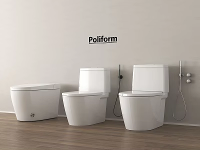 Poliform Three White Toilets in Bathroom with Light Wall and Wooden Floor 3d model