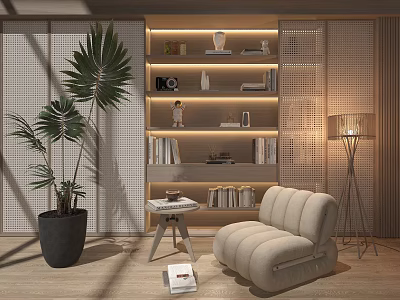 Japanese Bookshelf Single Sofa Floor Lamp Green Plant 3d model