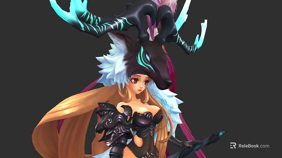 Woman With Long Blonde Hair Black Blue Horns Feather Decorations And Black Armor Holding Weapon 3d model 