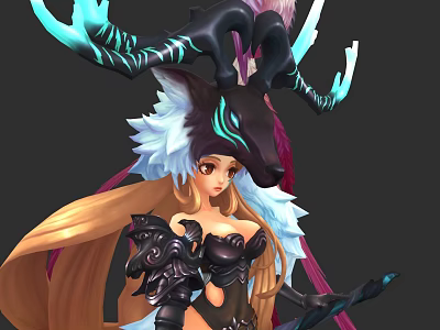 Woman With Long Blonde Hair Black Blue Horns Feather Decorations And Black Armor Holding Weapon 3d model