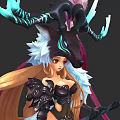 Woman With Long Blonde Hair Black Blue Horns Feather Decorations And Black Armor Holding Weapon
