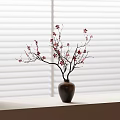 Decorative Dark Vase With Red Flower Branches On Window Sill By White Blinds