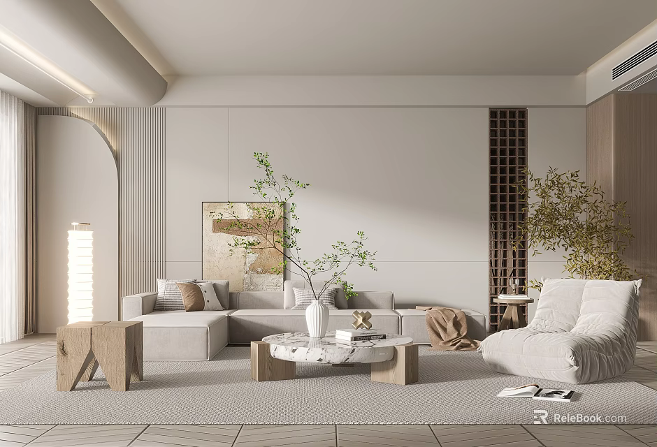 Modern Minimalist Living Room With Beige Sofa Wooden Coffee Table Arched Design And Green Plants 3d model 