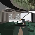 Modern Lounge Area Interior Design With Green Sofa Round Black Tables Chandelier And Hanging Plants