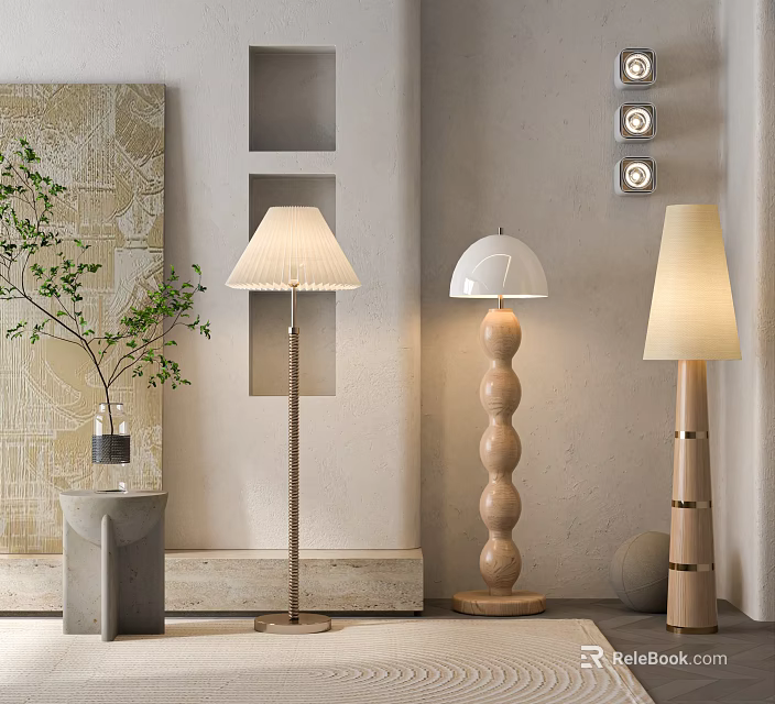 Various Design Floor Lamps In Modern Interior With Decorative Plants And Wall Art 3d model 
