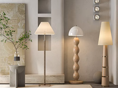 Various Design Floor Lamps In Modern Interior With Decorative Plants And Wall Art 3d model