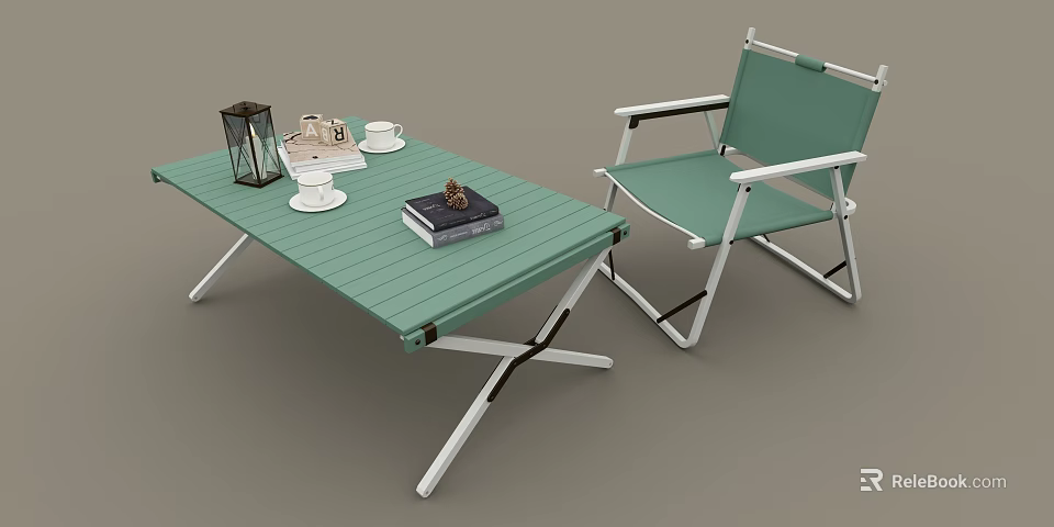 Green Outdoor Folding Leisure Chair With White Metal Frame And Lantern Cups Books On Table 3d model 