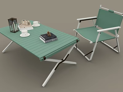 Green Outdoor Folding Leisure Chair With White Metal Frame And Lantern Cups Books On Table 3d model