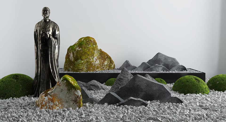 Serene Zen Inspired Courtyard Garden With Bronze Statue Moss Covered Rocks Gravel And Greenery 3d model 