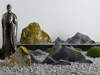 Serene Zen Inspired Courtyard Garden With Bronze Statue Moss Covered Rocks Gravel And Greenery 3d model