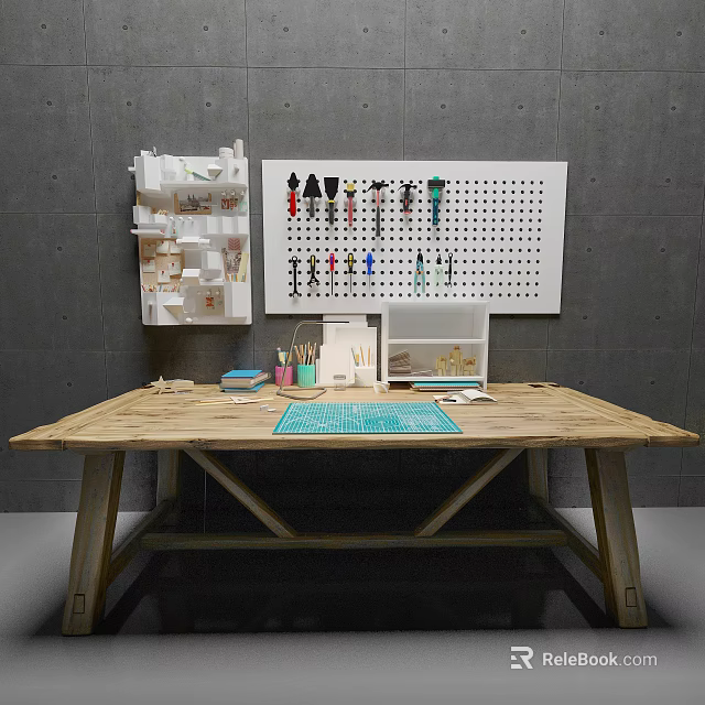 Wooden Craft Workbench With Pegboard Shelving And Colorful Tools Setup 3d model 