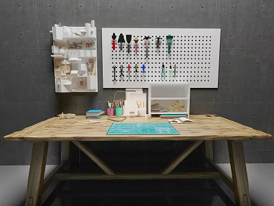 Wooden Craft Workbench With Pegboard Shelving And Colorful Tools Setup 3d model