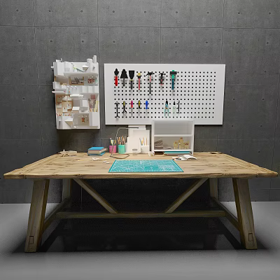Wooden Craft Workbench With Pegboard Shelving And Colorful Tools Setup 3d model