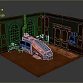 Sci-Fi Room Interior Featuring Vintage Wooden Walls Green Paneling Arched Windows And Futuristic Tech Device