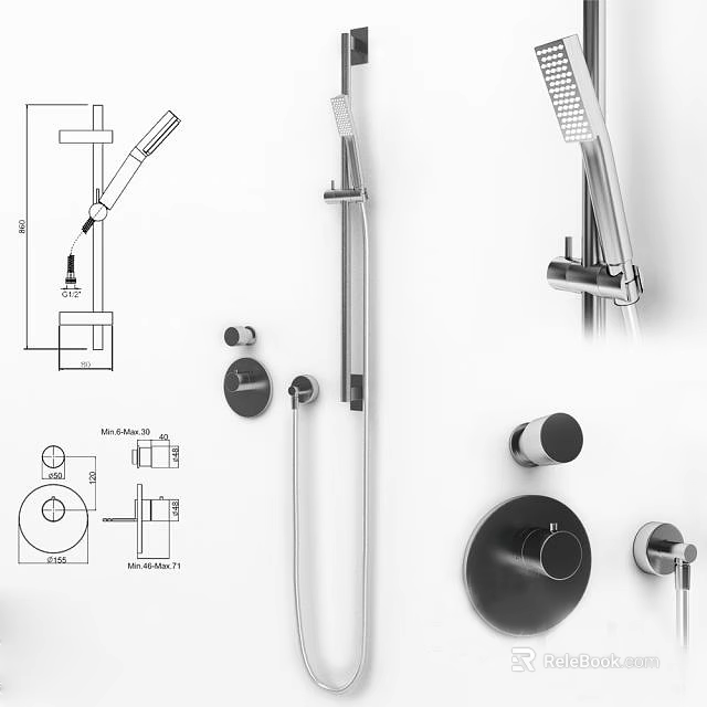 Contemporary Shower Set Design Featuring Handheld Sprayer Fixed Head Control Knobs And Technical Installation Details 3d model