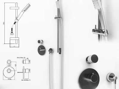 Contemporary Shower Set Design Featuring Handheld Sprayer Fixed Head Control Knobs And Technical Installation Details 3d model