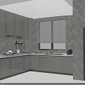 Modern Kitchen Interior With Gray Cabinets Marble Wall Black Refrigerator And Blind Window 3d model