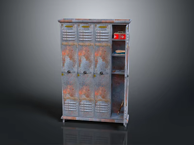 Vintage Metal Storage Cabinet With Multiple Compartments And Shelves Holding Red Box And Books 3d model