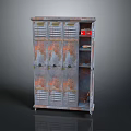 Vintage Metal Storage Cabinet With Multiple Compartments And Shelves Holding Red Box And Books