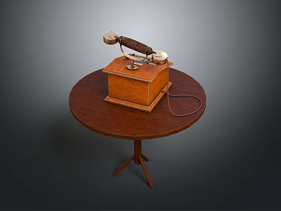 Vintage Wooden Telephone Placed On Round Wooden Table With Rotary Dial 3d model
