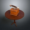 Vintage Wooden Telephone Placed On Round Wooden Table With Rotary Dial