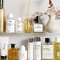 Modern Bathroom Accessories On Shelves With Towels And Dried Flowers