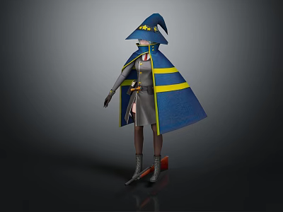 Wizard Character And Magic Fox Creature In Blue Cloak With Yellow Stripes And Pointed Hat 3d model