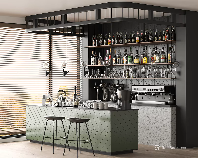 Modern Café Interior Design With Bar Counter Wine Racks And Coffee Machines 3d model 
