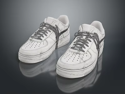 White Casual Sneakers With Gray Laces And Black Stripes On Smooth Surface With Reflection 3d model