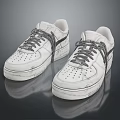 White Casual Sneakers With Gray Laces And Black Stripes On Smooth Surface With Reflection
