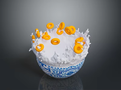 Orange Donuts Splashing in White Milk with Blue and White Patterned Bowl 3d model