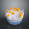 Orange Donuts Splashing in White Milk with Blue and White Patterned Bowl