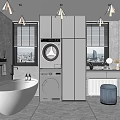 Modern Bathroom Interior Design With White Bathtub Washing Machine Grey Cabinets And Window Blinds