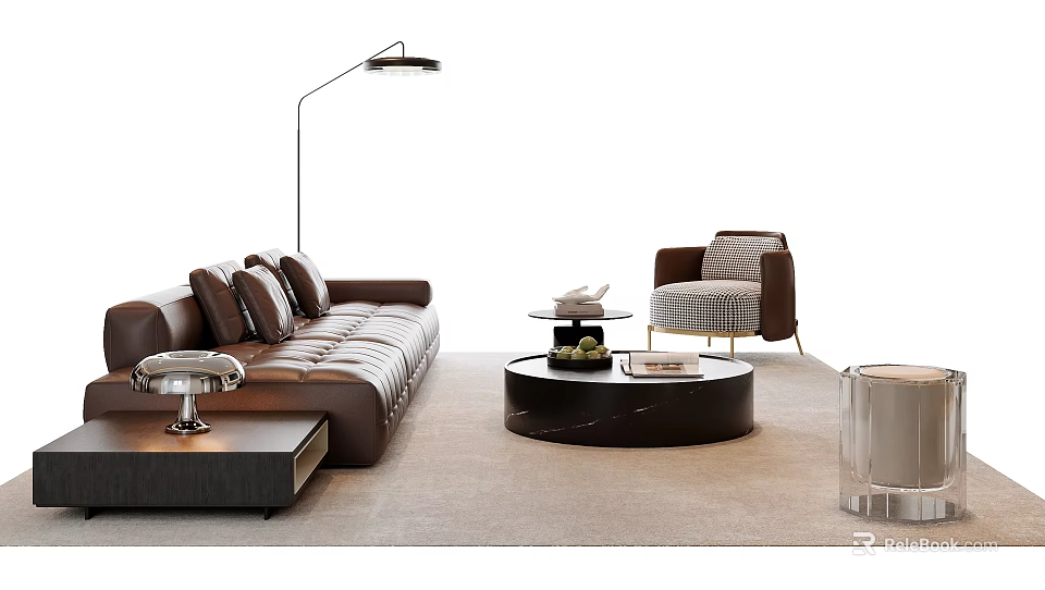 Elegant Modern Leather Sofa Coffee Table Set With Round Marble Top And Floor Lamp 3d model 