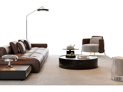Elegant Modern Leather Sofa Coffee Table Set With Round Marble Top And Floor Lamp 3d model