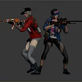 Two Women In Red And Blue Tactical Outfits Holding Rifles As Game Characters