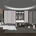Modern Hotel Guest Room Interior With Bed Wardrobe Sofa Circular Ceiling Lights And Large Windows 3d model