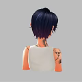 Stylized 3D Female Character With Short Dark Hair White Tank Top And Arm Tattoos