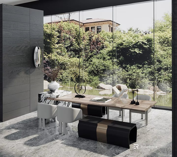 Modern Study Room Interior With Large Glass Windows Greenery Wooden Desk And White Chairs 3d model 