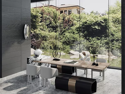 Modern Study Room Interior With Large Glass Windows Greenery Wooden Desk And White Chairs 3d model