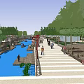 Waterfront Landscape With River Channel Trees Pedestrians Walkways And Wooden Boardwalks